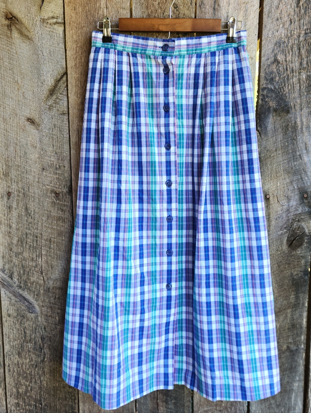 Vintage Leslie Fay Light Cotton/Poly Spring Summer Plaid Midi Skirt Button Down